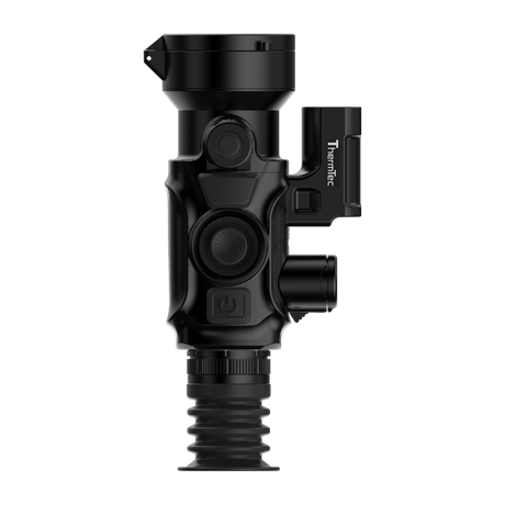ThermTec Vidar-LRF 650L 2.0 thermal compact scope, top-down view with lens cap, controls and rangefinder