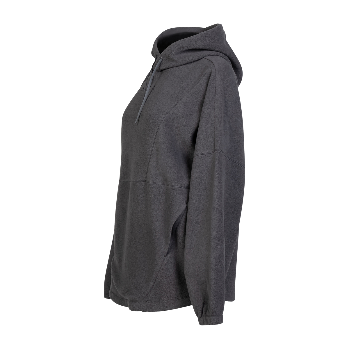 Spika Motion women's fleece hooded jumper in Onyx, three-quarter view with cuffed sleeves