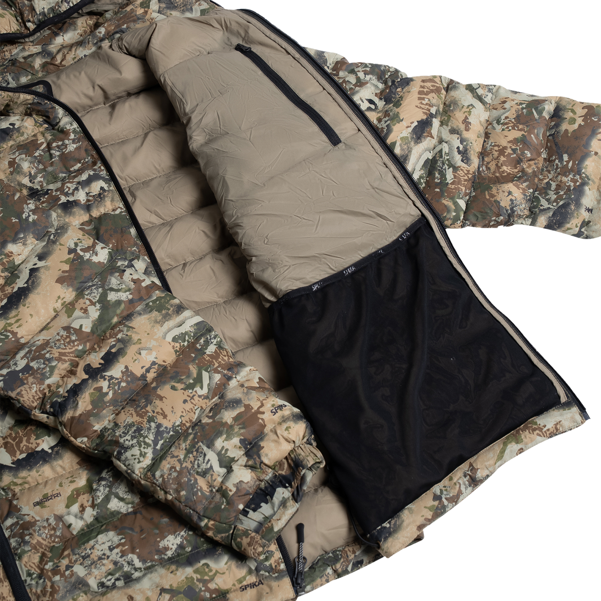 Spika Hideout men's puffer jacket in Biarri Camo opened to show tan lining and mesh inner pocket