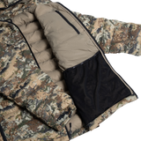 Spika Hideout men's puffer jacket in Biarri Camo opened to show tan lining and mesh inner pocket