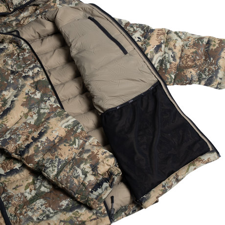Spika Hideout men's puffer jacket in Biarri Camo opened to show tan lining and mesh inner pocket