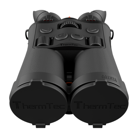 ThermTec Ventus 335L multi-spectrum binoculars, top view of control buttons with ThermTec lens caps