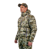 Man modelling the Spika Terra men's puffer jacket in Biarri Camo, three-quarter view