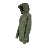 Spika Valley women's hunting jacket in Olive, three-quarter side view with adjustable hood
