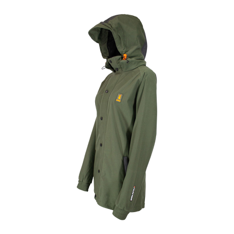 Spika Valley women's hunting jacket in Olive, three-quarter side view with adjustable hood
