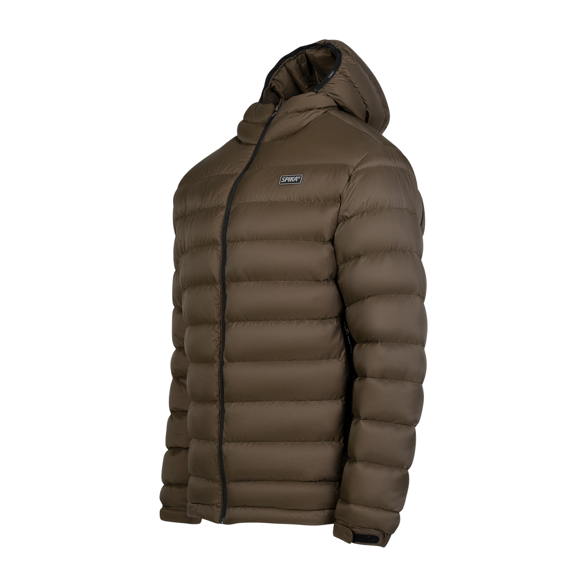 Spika Hideout men's packable puffer jacket in Mud Brown, three-quarter view with chest logo