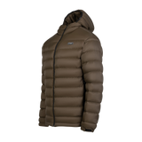 Spika Hideout men's packable puffer jacket in Mud Brown, three-quarter view with chest logo