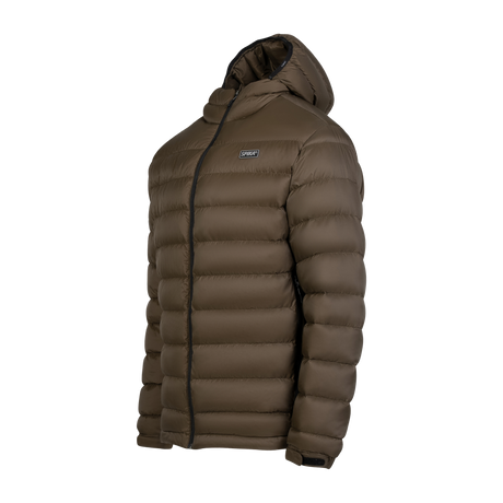Spika Hideout men's packable puffer jacket in Mud Brown, three-quarter view with chest logo