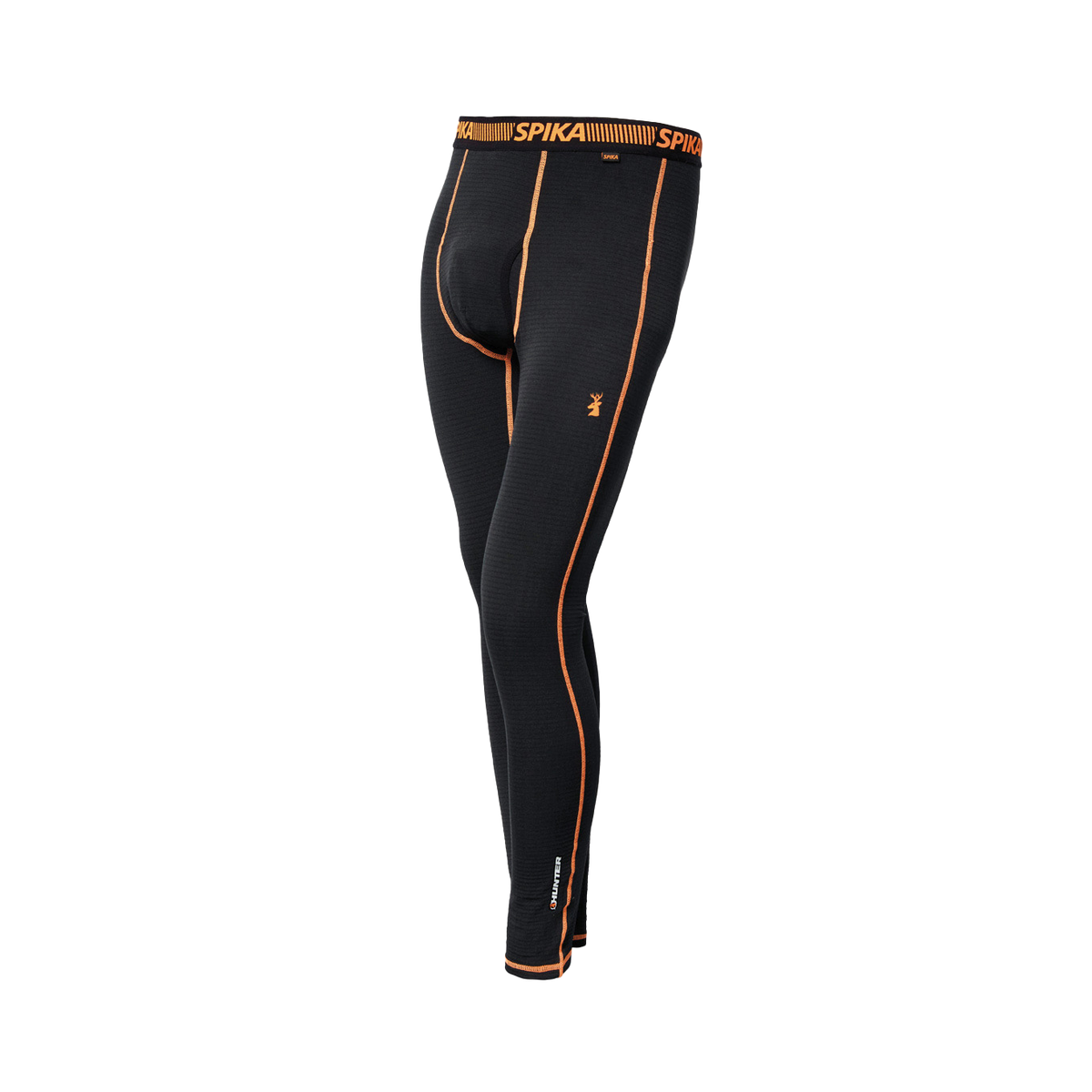Spika ThermaFlow men's thermal pants in Black, three-quarter view with stag logo and orange stitching
