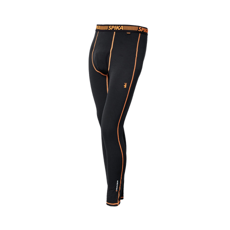 Spika ThermaFlow men's thermal pants in Black, three-quarter view with stag logo and orange stitching