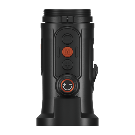ThermTec Hunt Pro 635L thermal clip-on, top view of control buttons, rotary knob and threaded adapter