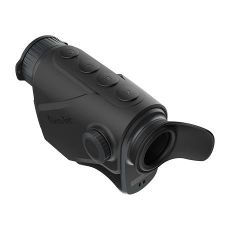 ThermTec Cyclone 325 thermal monocular, elevated rear view of buttons, eyecup and focus dial