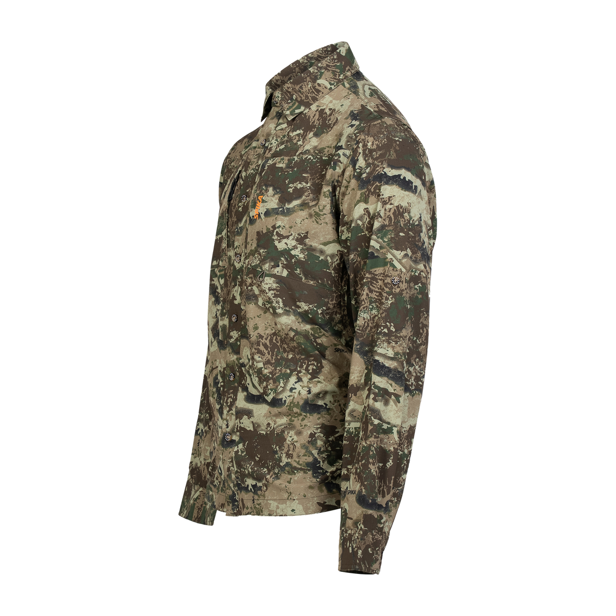 Spika Overlander men's hunting shirt in Biarri Camo, three-quarter view of front and sleeve