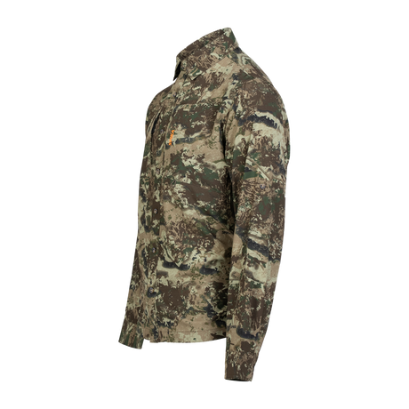 Spika Overlander men's hunting shirt in Biarri Camo, three-quarter view of front and sleeve