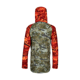 Spika Valley men's hunting jacket in Biarri Camo/Blaze, back view with blaze hood and sleeves