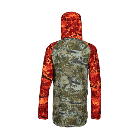 Spika Valley men's hunting jacket in Biarri Camo/Blaze, back view with blaze hood and sleeves