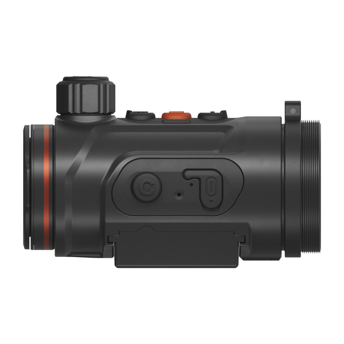 ThermTec Hunt Pro 335 thermal clip-on, side profile showing power and function buttons on rail mount