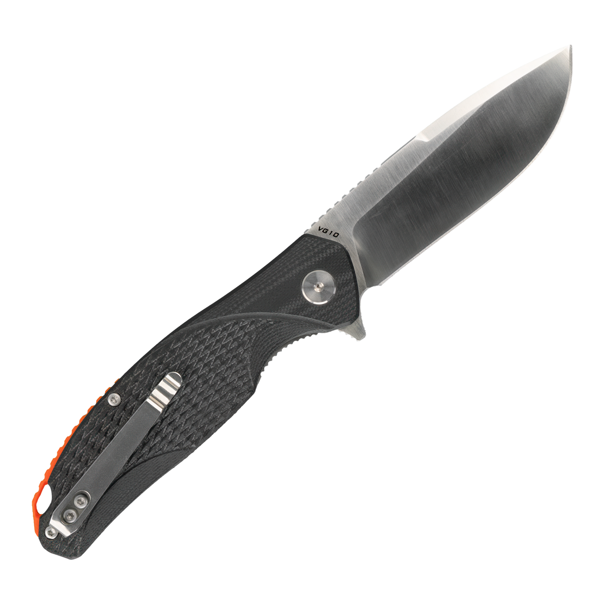 Spika Bushmaster Raider folding knife opened, reverse side with steel pocket clip and orange liner