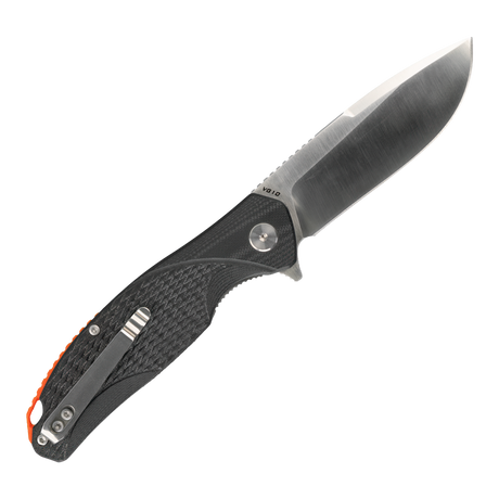 Spika Bushmaster Raider folding knife opened, reverse side with steel pocket clip and orange liner
