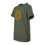 Spika GO Seeker kids' t-shirt in Olive, side three-quarter view of the orange chest graphic