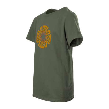 Spika GO Seeker kids' t-shirt in Olive, side three-quarter view of the orange chest graphic