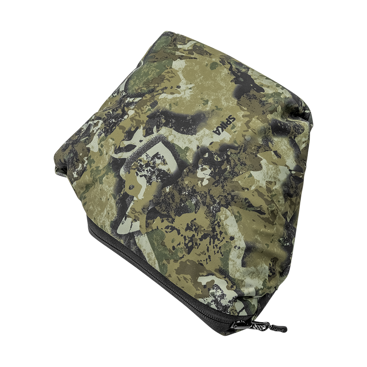Spika Scout men's jacket in Biarri Camo, packed down into its zippered stuff pouch