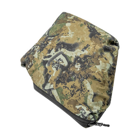 Spika Scout men's jacket in Biarri Camo, packed down into its zippered stuff pouch