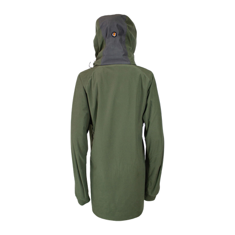 Spika Valley women's hunting jacket in Olive, back view showing grey and olive hood