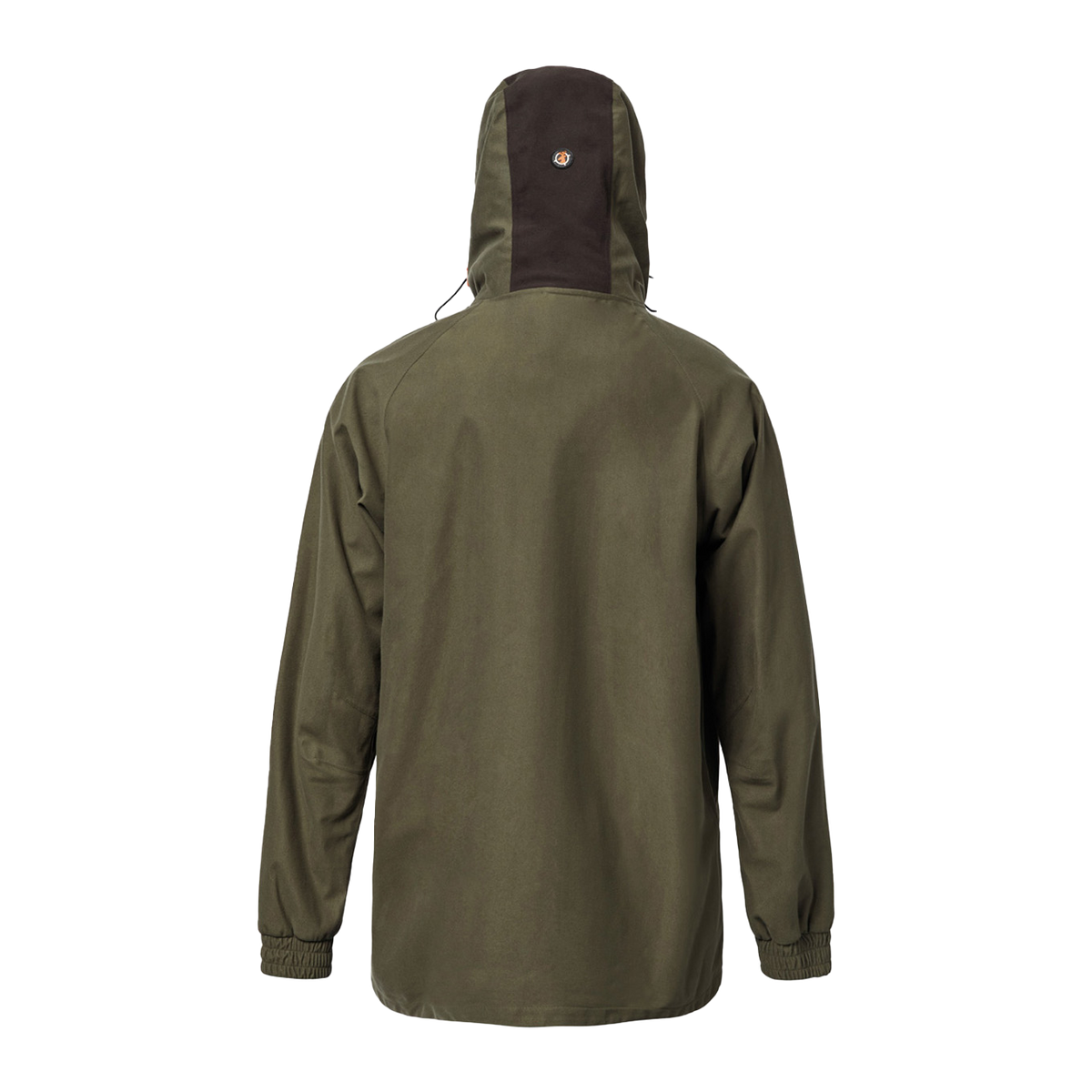 Spika Valley men's hunting jacket in Olive, back view showing two-tone hood