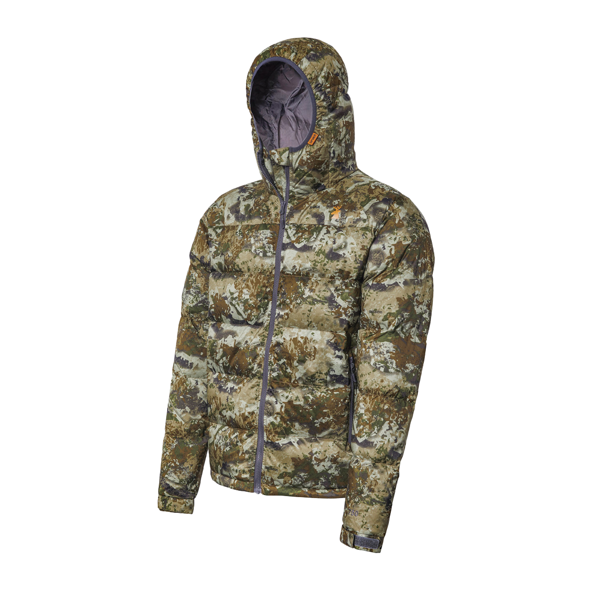 Spika Terra men's puffer jacket in Biarri Camo, three-quarter studio view with hood up