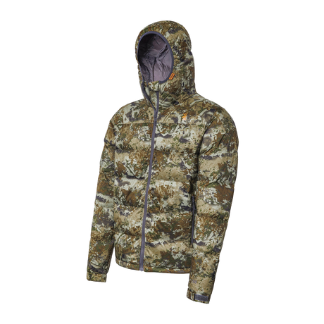 Spika Terra men's puffer jacket in Biarri Camo, three-quarter studio view with hood up