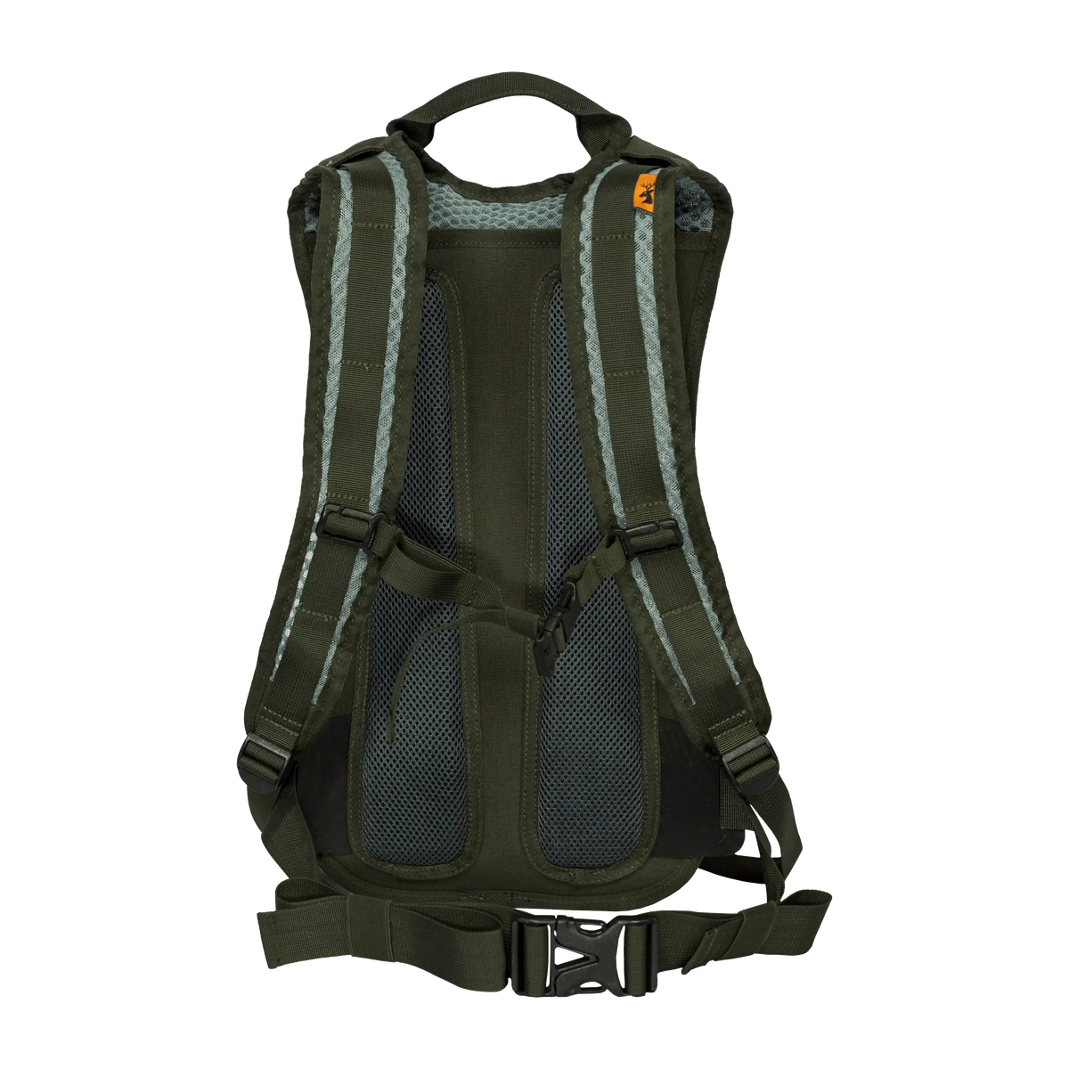 Spika Drover II Hydro Pack 15L in Olive Summit, rear view of ventilated mesh back panel and shoulder straps