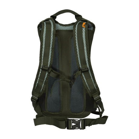 Spika Drover II Hydro Pack 15L in Olive Summit, rear view of ventilated mesh back panel and shoulder straps