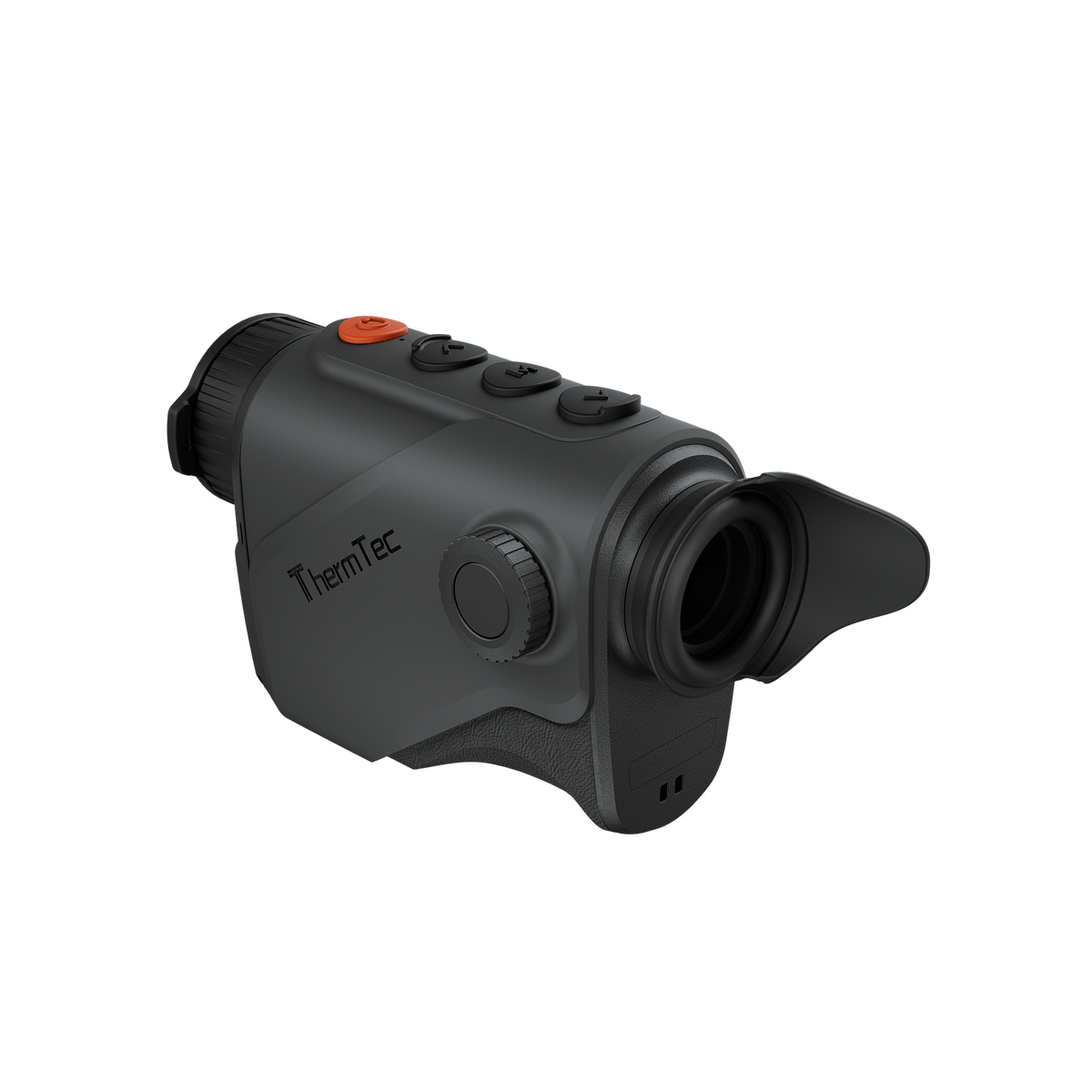 ThermTec Cyclone 625 thermal monocular, rear three-quarter view of eyecup, focus dial and ThermTec logo