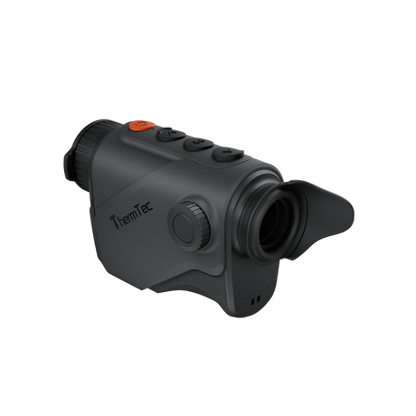 ThermTec Cyclone 625 thermal monocular, rear three-quarter view of eyecup, focus dial and ThermTec logo
