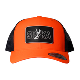 Spika Cast Antler patch trucker cap in Blaze/Charcoal, front view of the antler SPIKA patch