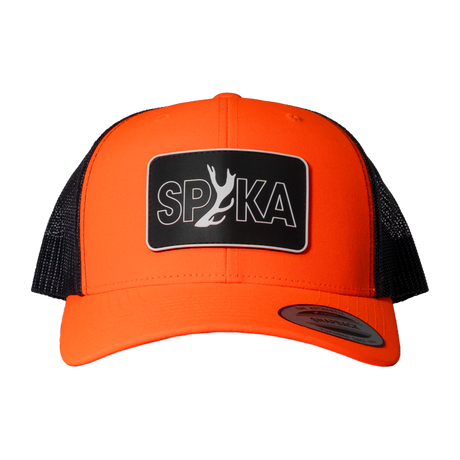 Spika Cast Antler patch trucker cap in Blaze/Charcoal, front view of the antler SPIKA patch