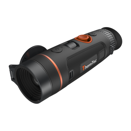 ThermTec Wild 325 thermal monocular, front three-quarter view of open lens and ThermTec logo side