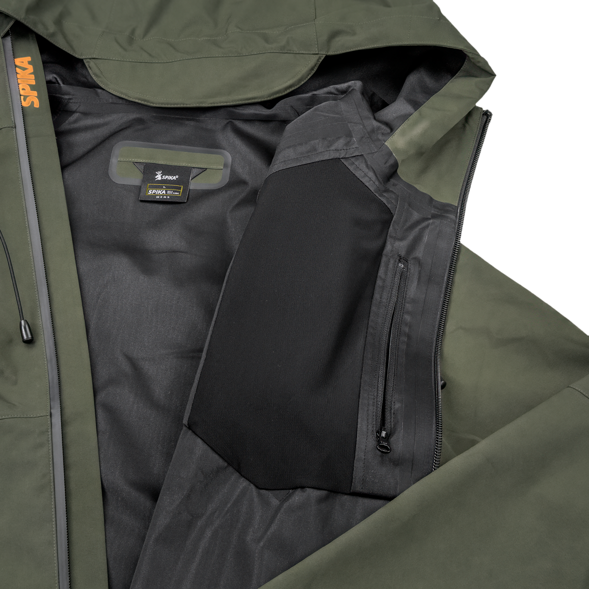 Spika Edge men's Olive jacket opened to show the black lining and zipped inner pocket