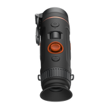 ThermTec Wild 335L thermal monocular, top view of controls with eyecup and flipped-up lens cap