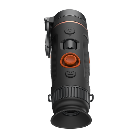 ThermTec Wild 335L thermal monocular, top view of controls with eyecup and flipped-up lens cap