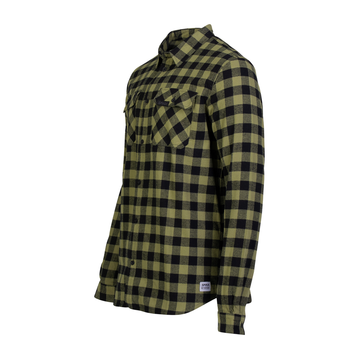 Spika men's Moss Green check flannel shirt, three-quarter view of the button front and pockets