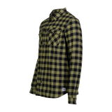 Spika men's Moss Green check flannel shirt, three-quarter view of the button front and pockets