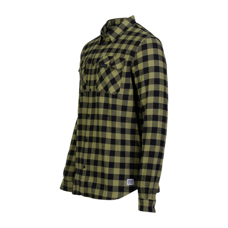 Spika men's Moss Green check flannel shirt, three-quarter view of the button front and pockets