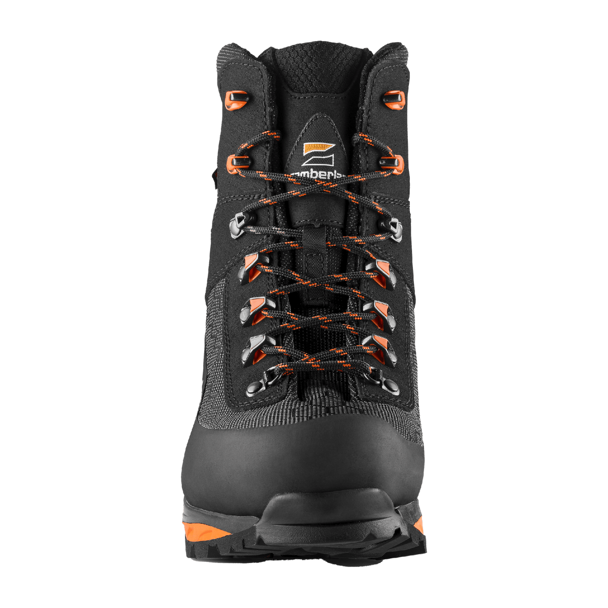 Zamberlan 3034 Seiland GTX RR men's hiking boot in black and orange, front view of toe rand and lacing