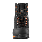 Zamberlan 3034 Seiland GTX RR men's hiking boot in black and orange, front view of toe rand and lacing