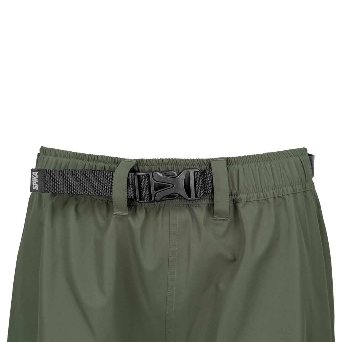 Spika Scout men's pull-on pants in Olive, close-up of elastic waistband and webbing belt buckle