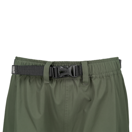 Spika Scout men's pull-on pants in Olive, close-up of elastic waistband and webbing belt buckle