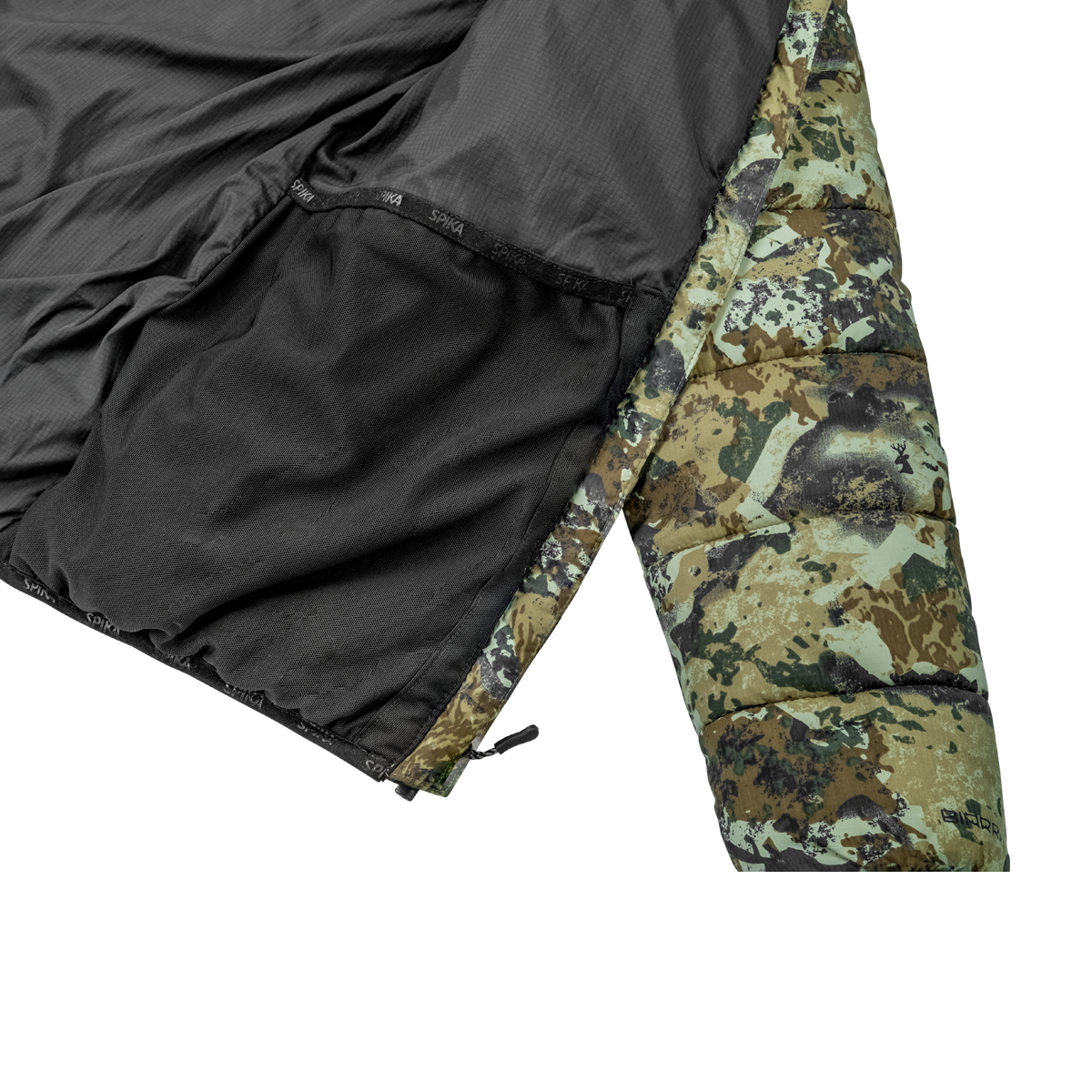 Spika Terra kids' puffer jacket in Biarri Camo/Blaze, opened to show the black inner lining