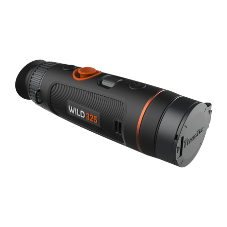 ThermTec Wild 325 thermal monocular, front three-quarter view with the ThermTec lens cap closed